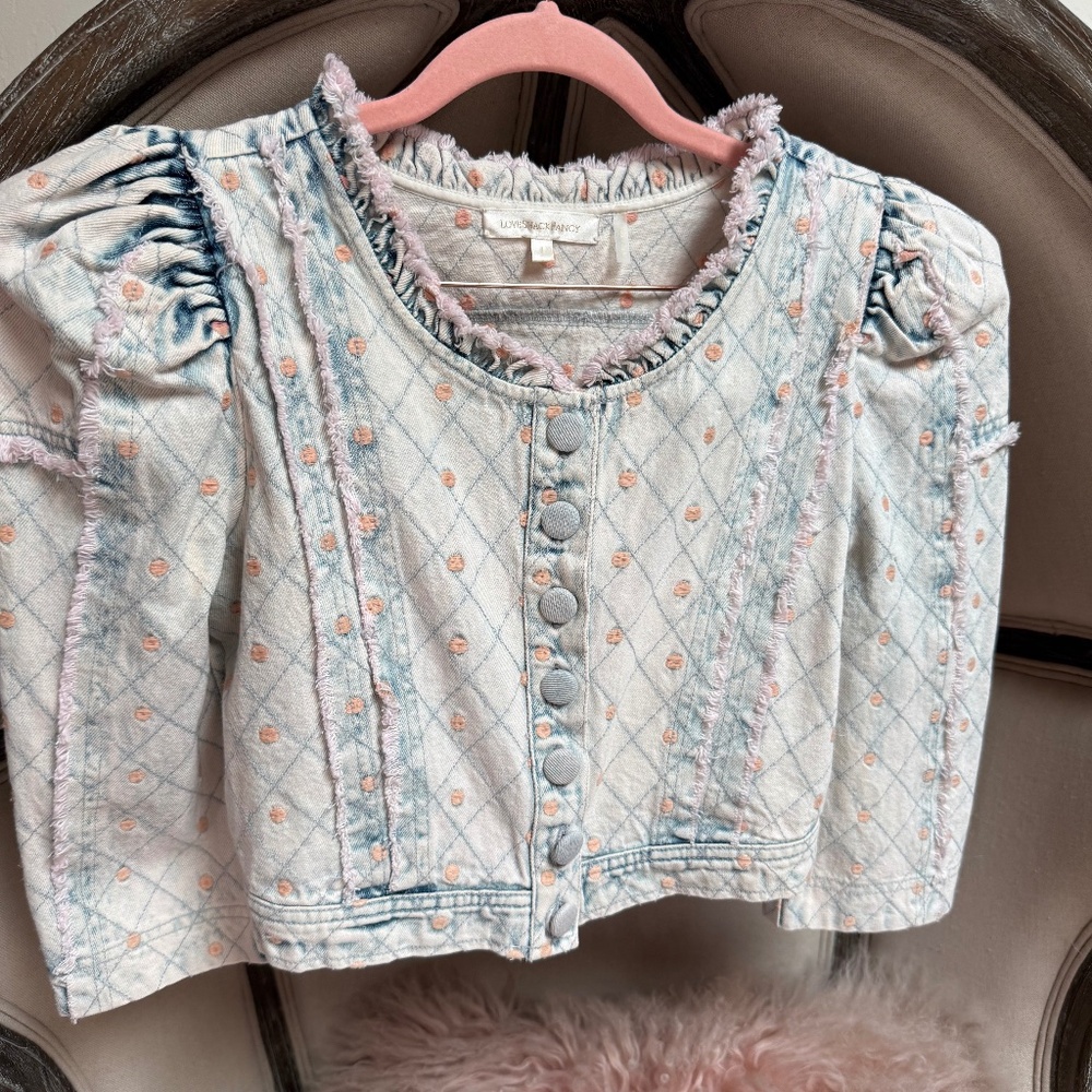 LoveShackFancy Elmont Denim Jacket Pink Embroidered Polka Dot Small 2 4
